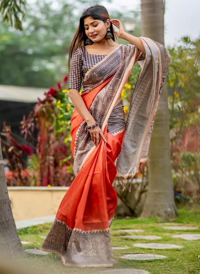 Tussar Silk Orange Daily Wear Printed Saree